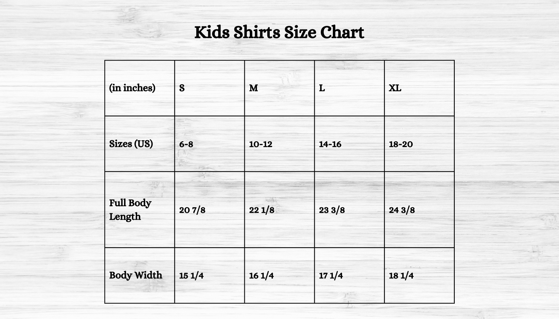 Kids shirts size chart with measurements on a light wooden background