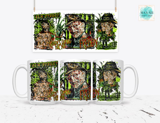 Three white ceramic mugs displayed on a light gray surface, each printed with a horror-themed collage featuring a zombie face, green graffiti-style splatters, and orange text. A matching rectangular print is shown above the mugs.
