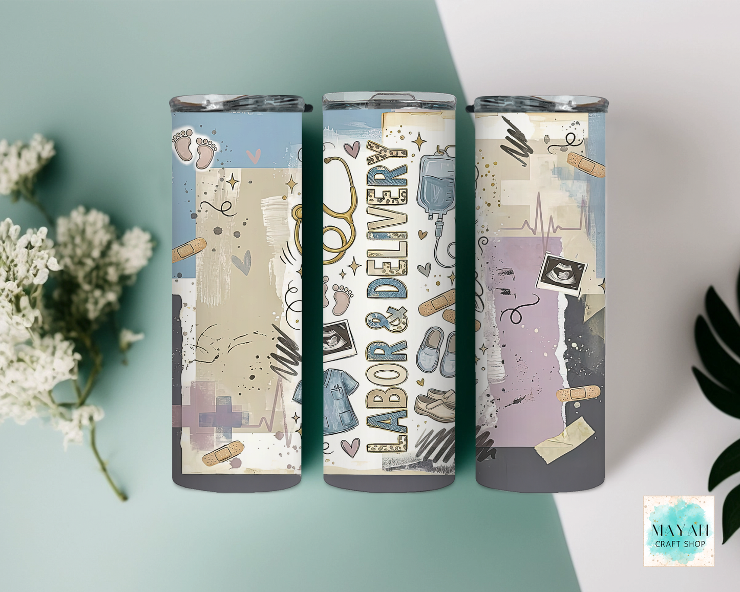 Three tumblers with unique designs on a light green and white background.