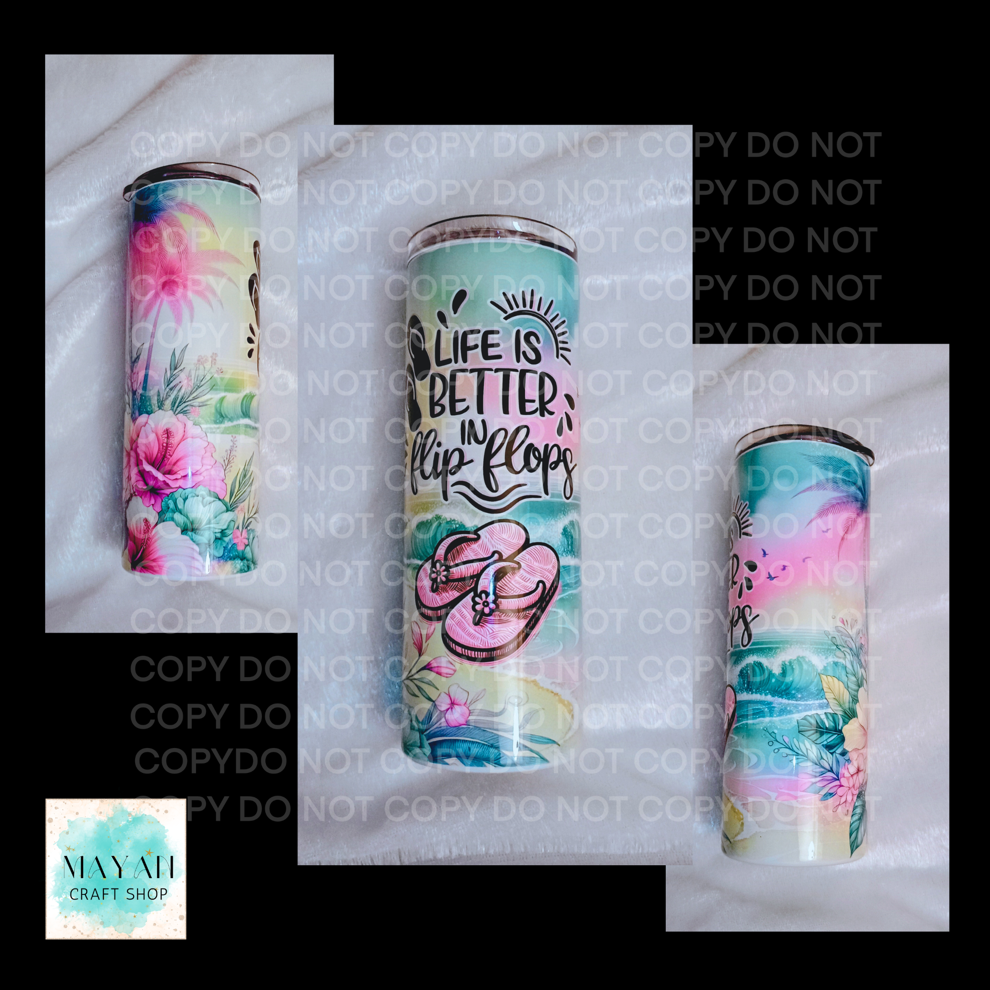 Colorful tumblers with floral and flip-flop designs on a white background.