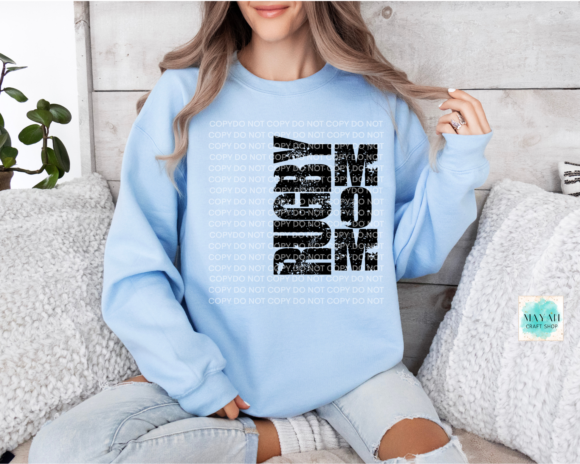 Rugby mom light blue sweatshirt. -Mayan Craft Shop