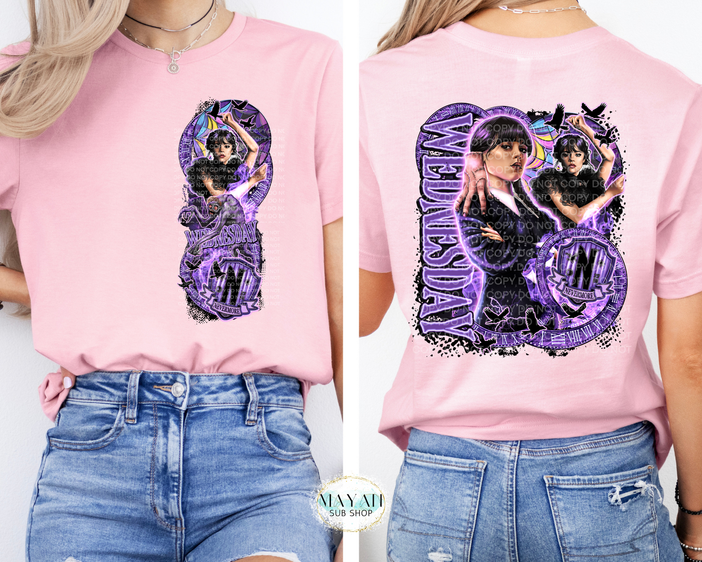Two pink t-shirts with a purple graphic design on a white background