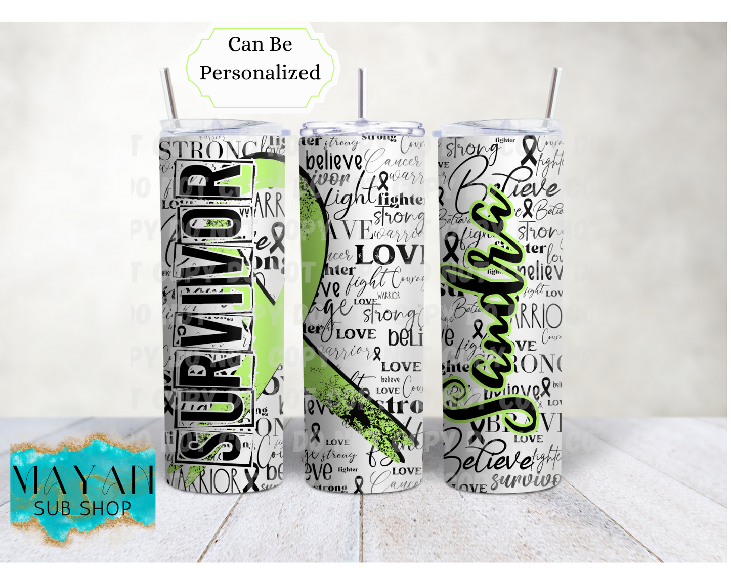 Lime Green Cancer Survivor Ribbon 20 oz. Skinny Tumbler - Mayan Sub Shop