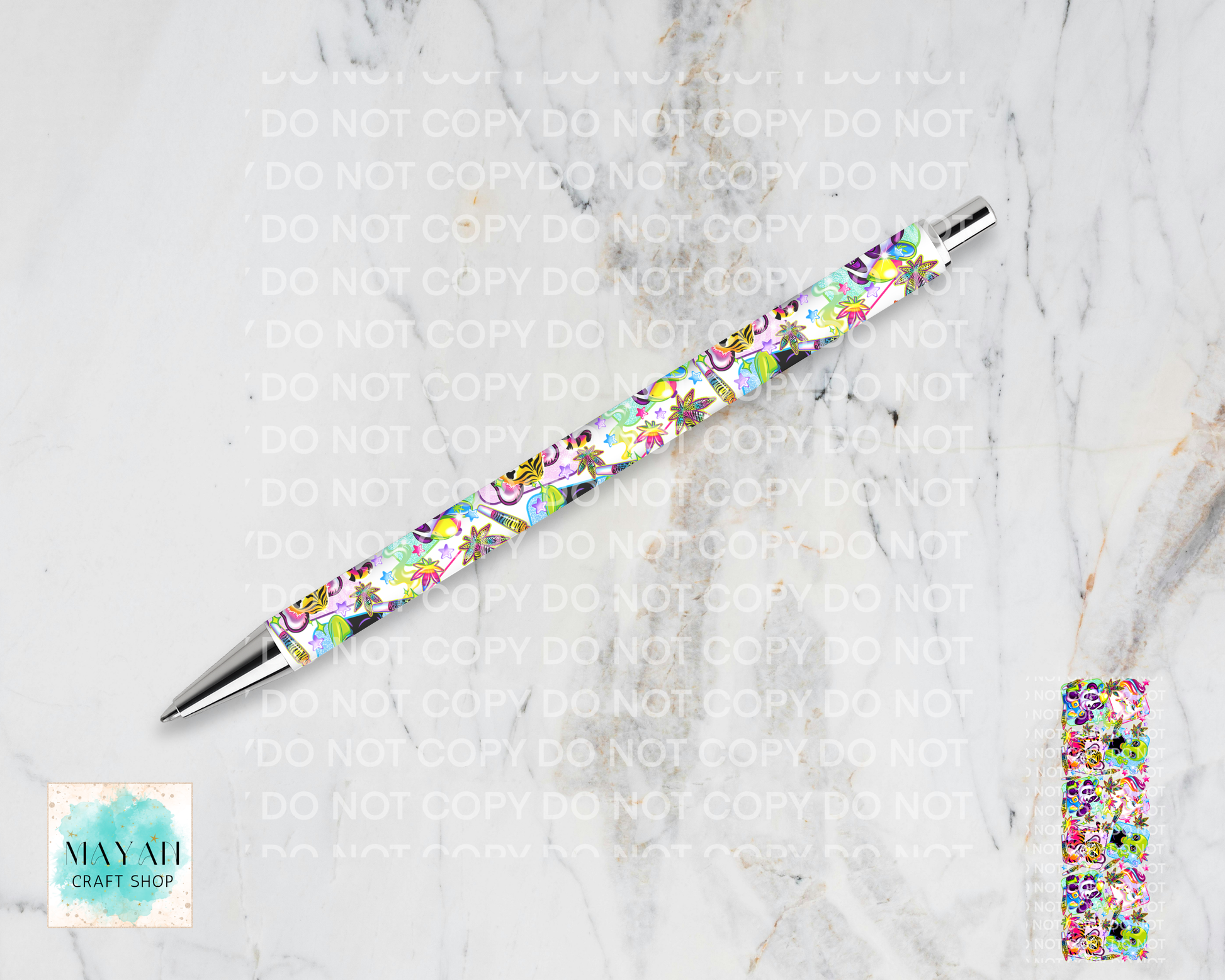 Colorful pen on a marble surface.