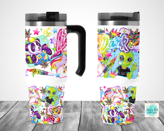 Colorful travel mug with cartoon characters on a wooden surface