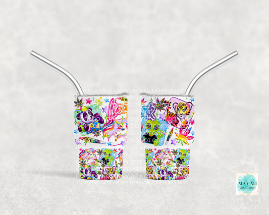 Two colorful tumblers with straws on a white background