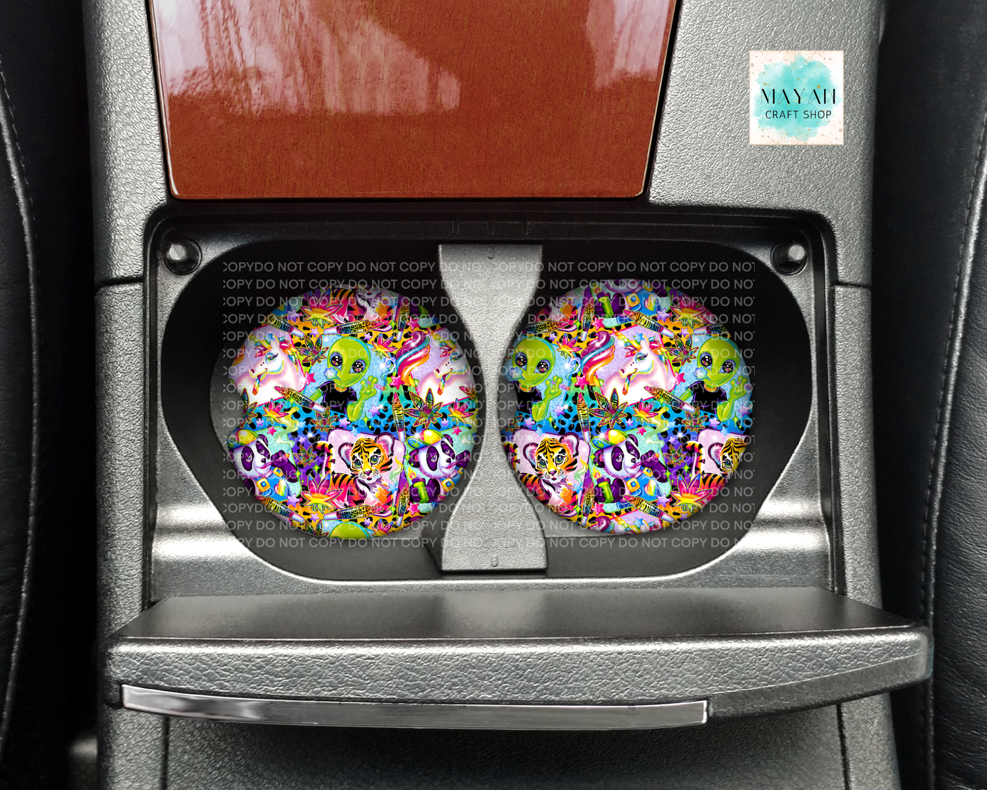 Colorful skull design coasters in a car cup holder.