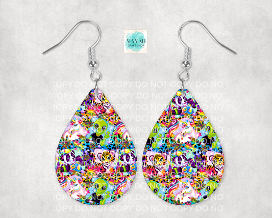 Teardrop-shaped earrings with colorful pattern on a light gray background