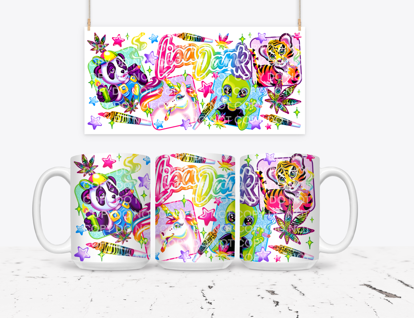 Colorful mugs with colorful design on a white background