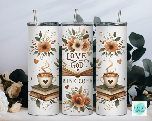 Three white tumblers with floral and coffee design on a light gray background