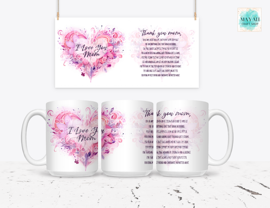 Set of three mugs with floral designs and 'Thank you mom' text, displayed against a white background.