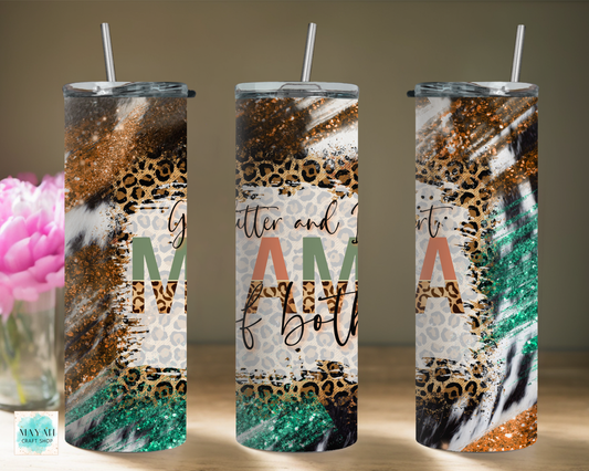 Three patterned tumblers with straws on a wooden surface.