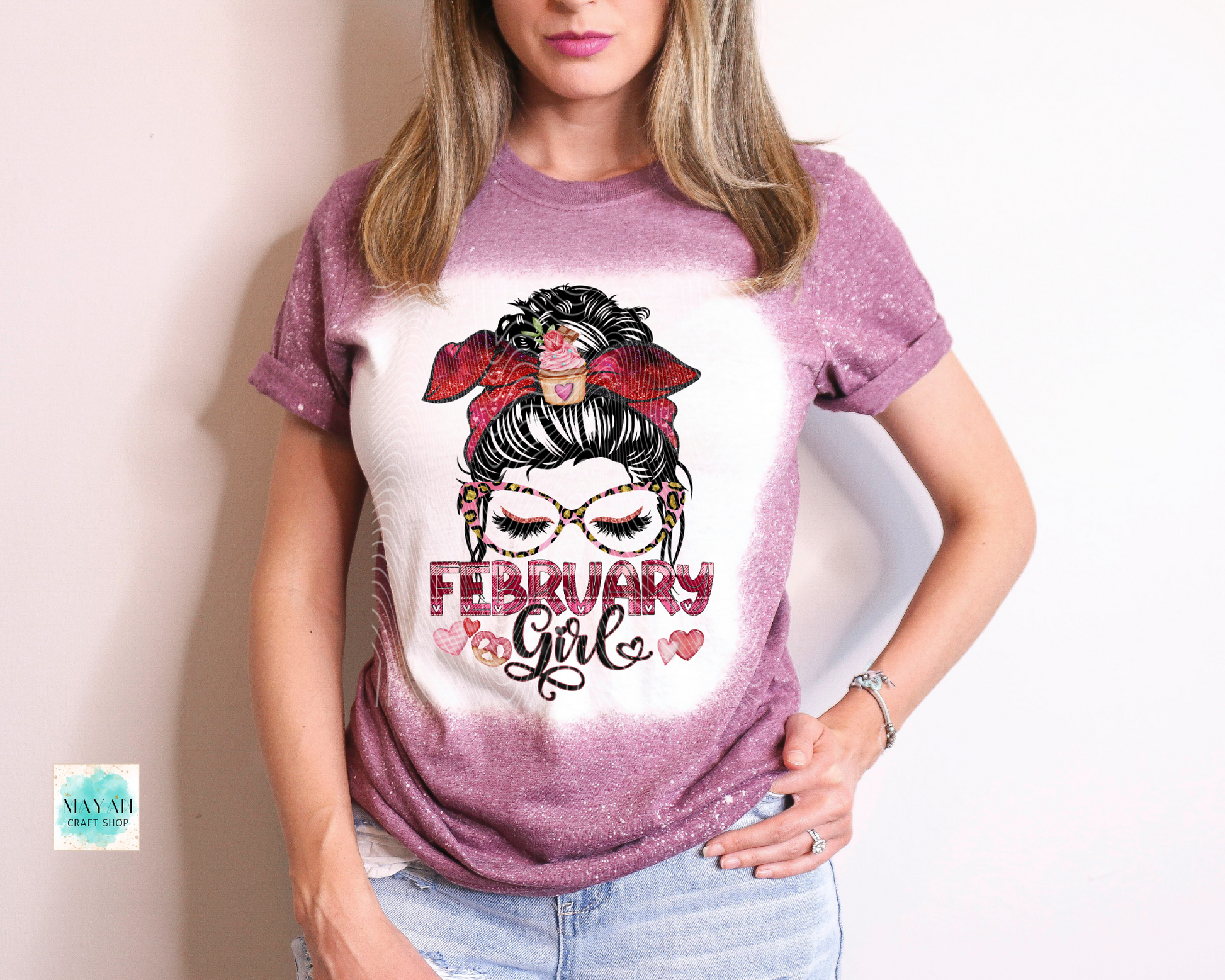 February girl bleached heather maroon tee. -Mayan Craft Shop