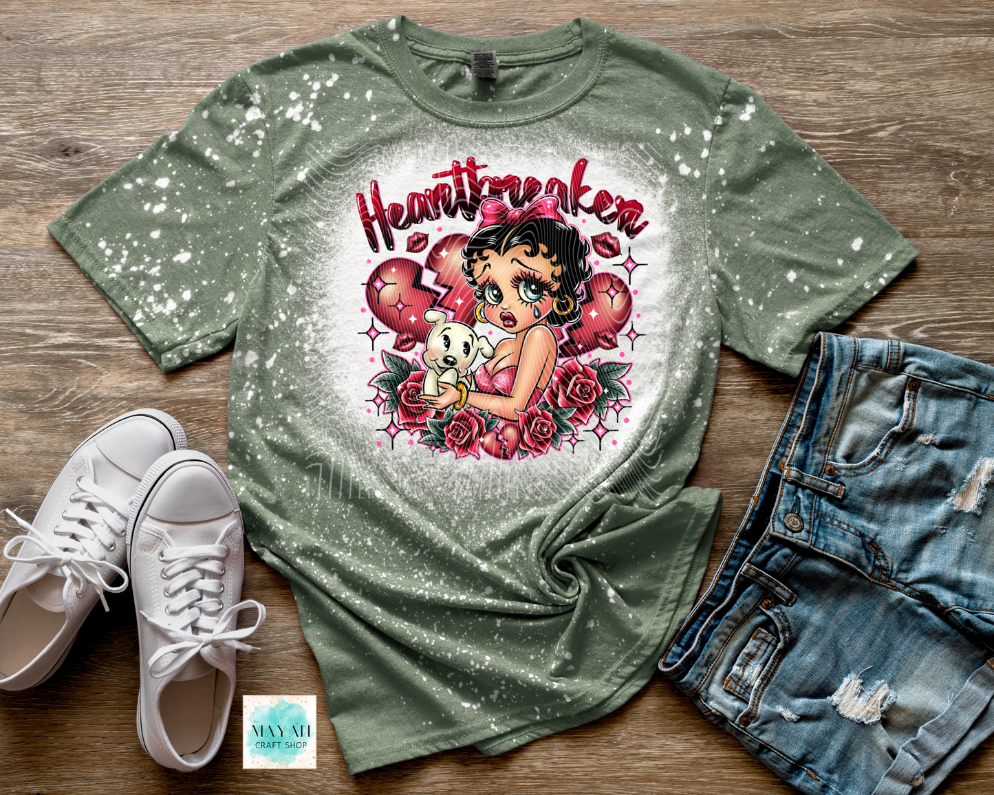 Heartbreaker heather military green bleached shirt. -Mayan Craft Shop