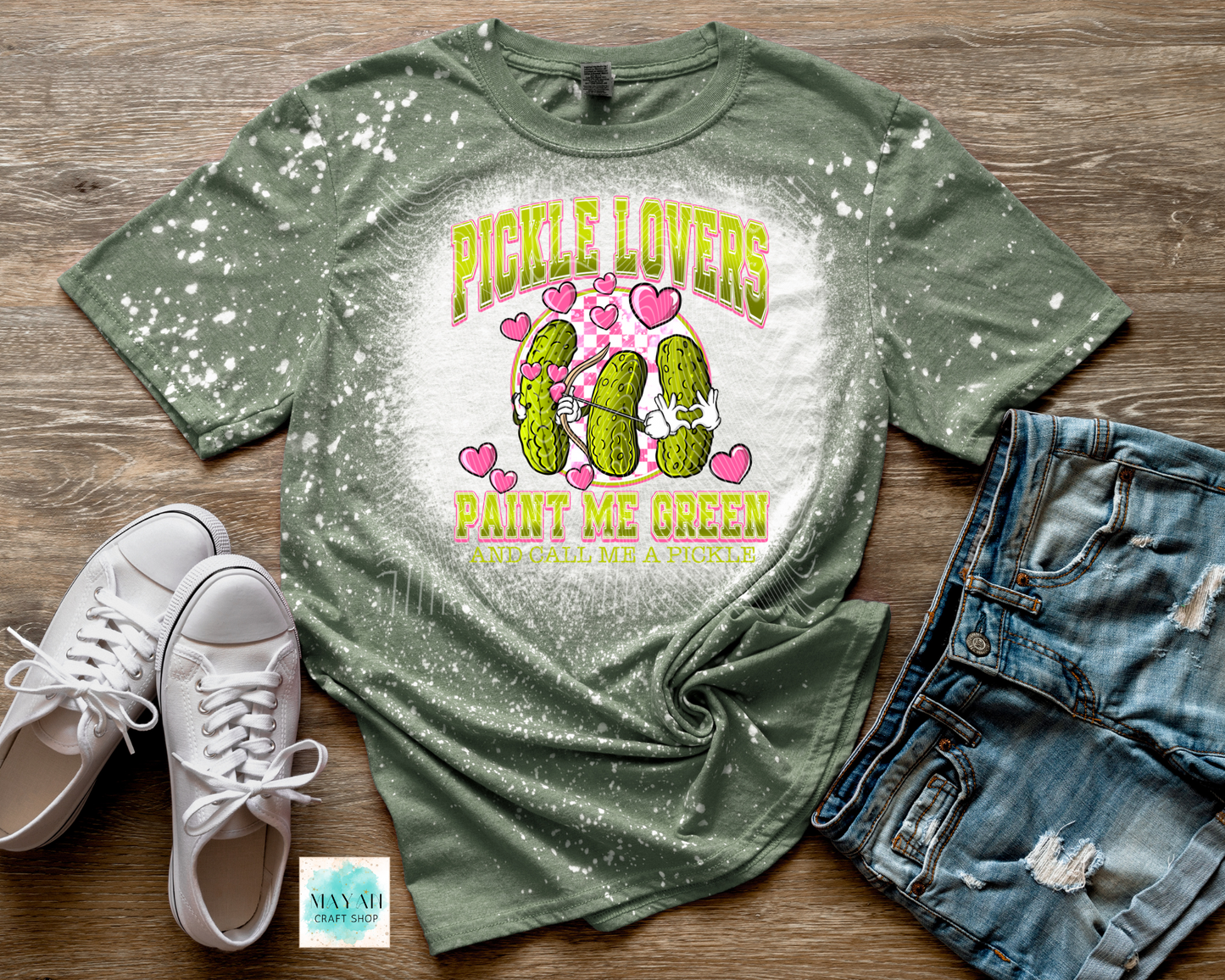 Pickle lovers bleached heather military green shirt. -Mayan Craft Shop