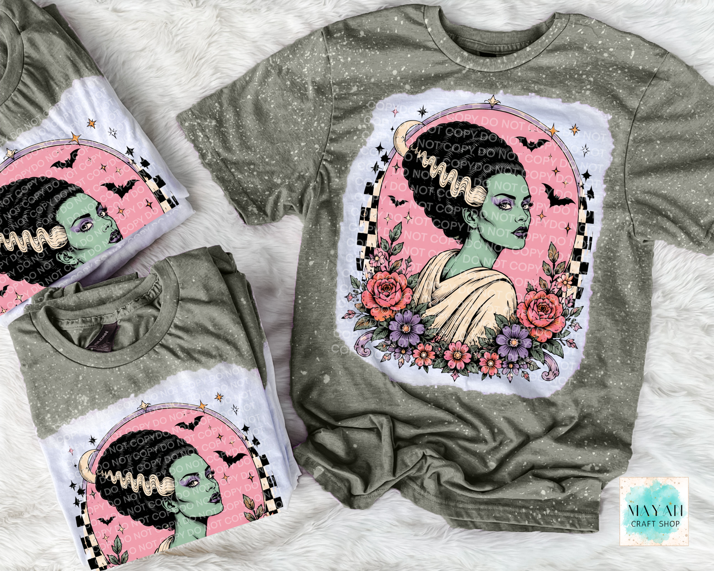 Military green t-shirt with a graphic design of a character with green skin and flowers on a white background