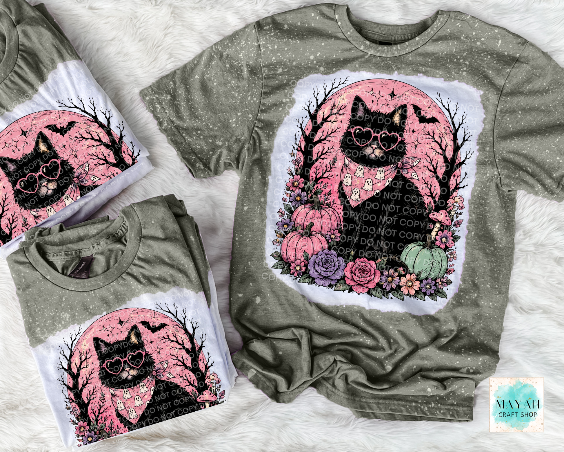 Gray t-shirt with a black cat graphic and pink floral design on a white background