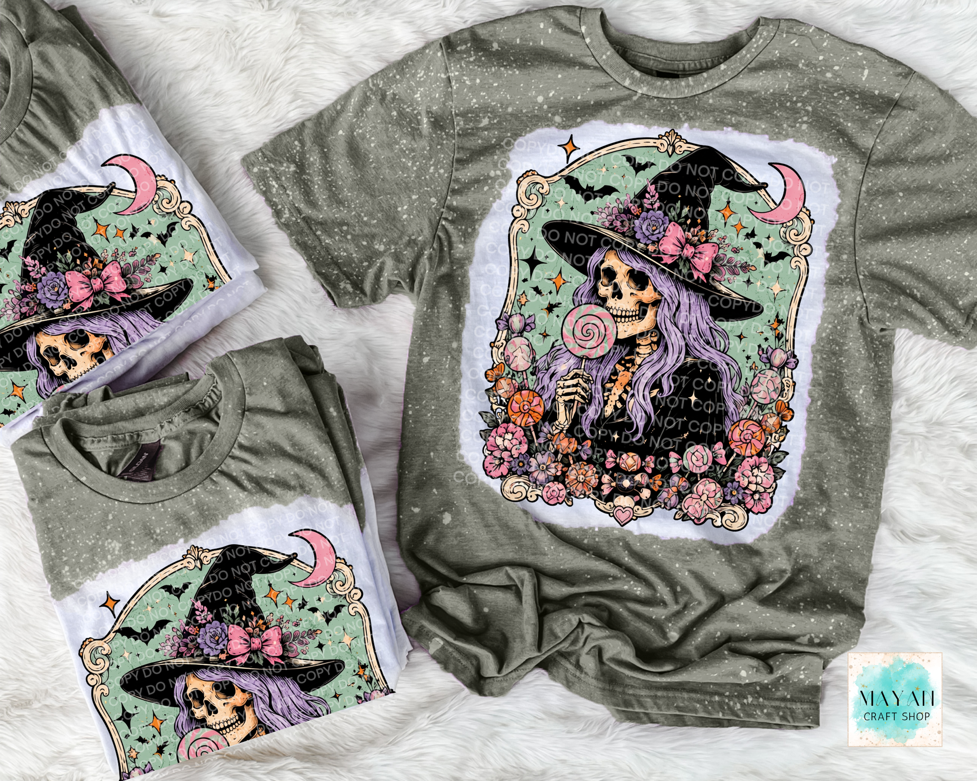 Military green t-shirt with a skeleton wearing a witch hat and flowers design, displayed on a white surface.