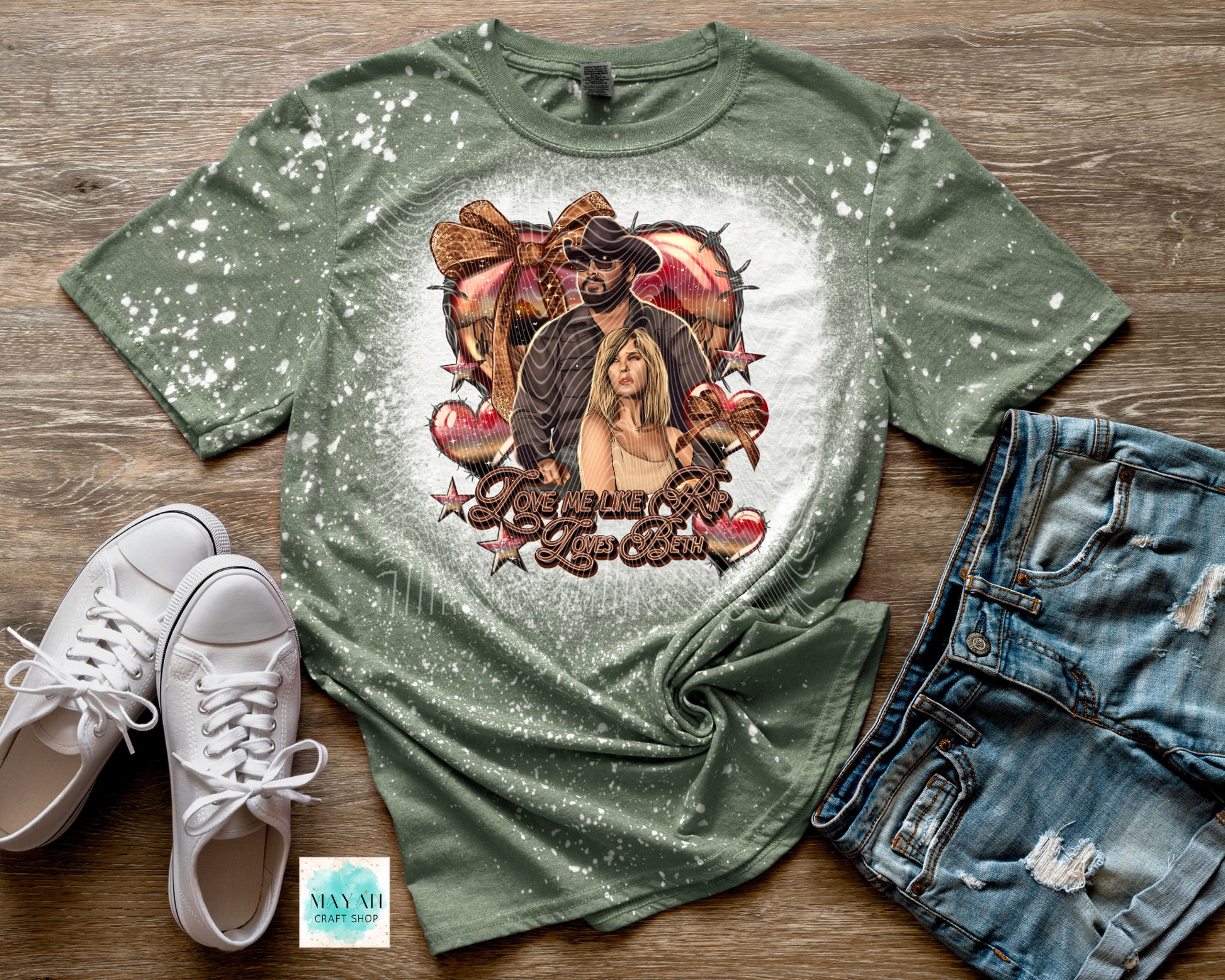 Western love heather military green bleached tee. -Mayan Craft Shop