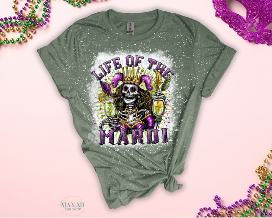 Life of the mardi in heather military green bleached shirt. -Mayan Sub Shop