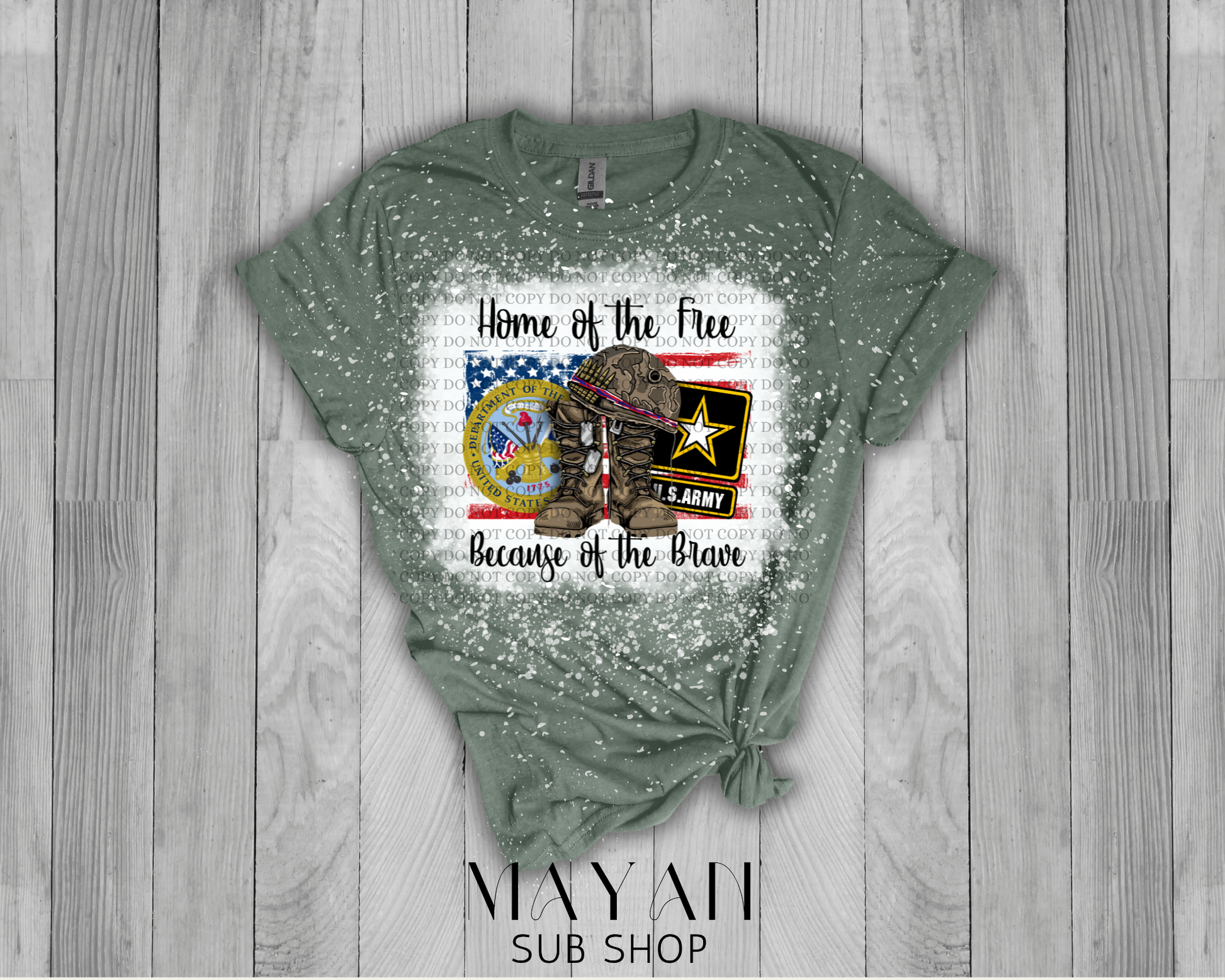 Home of the free army in heather military green bleached shirt. - Mayan Sub Shop