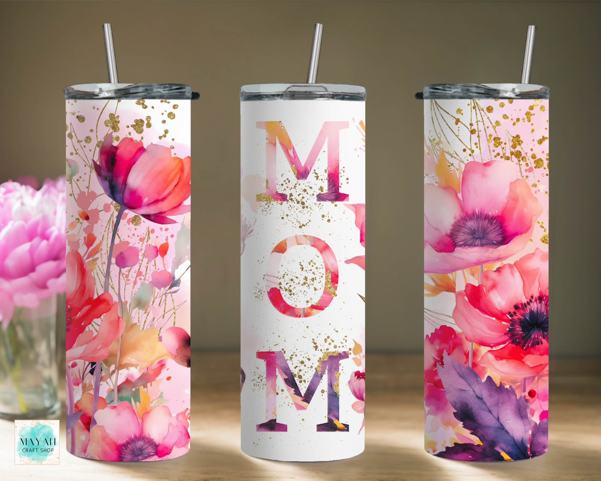 Mom pink floral tumbler. -Mayan Craft Shop