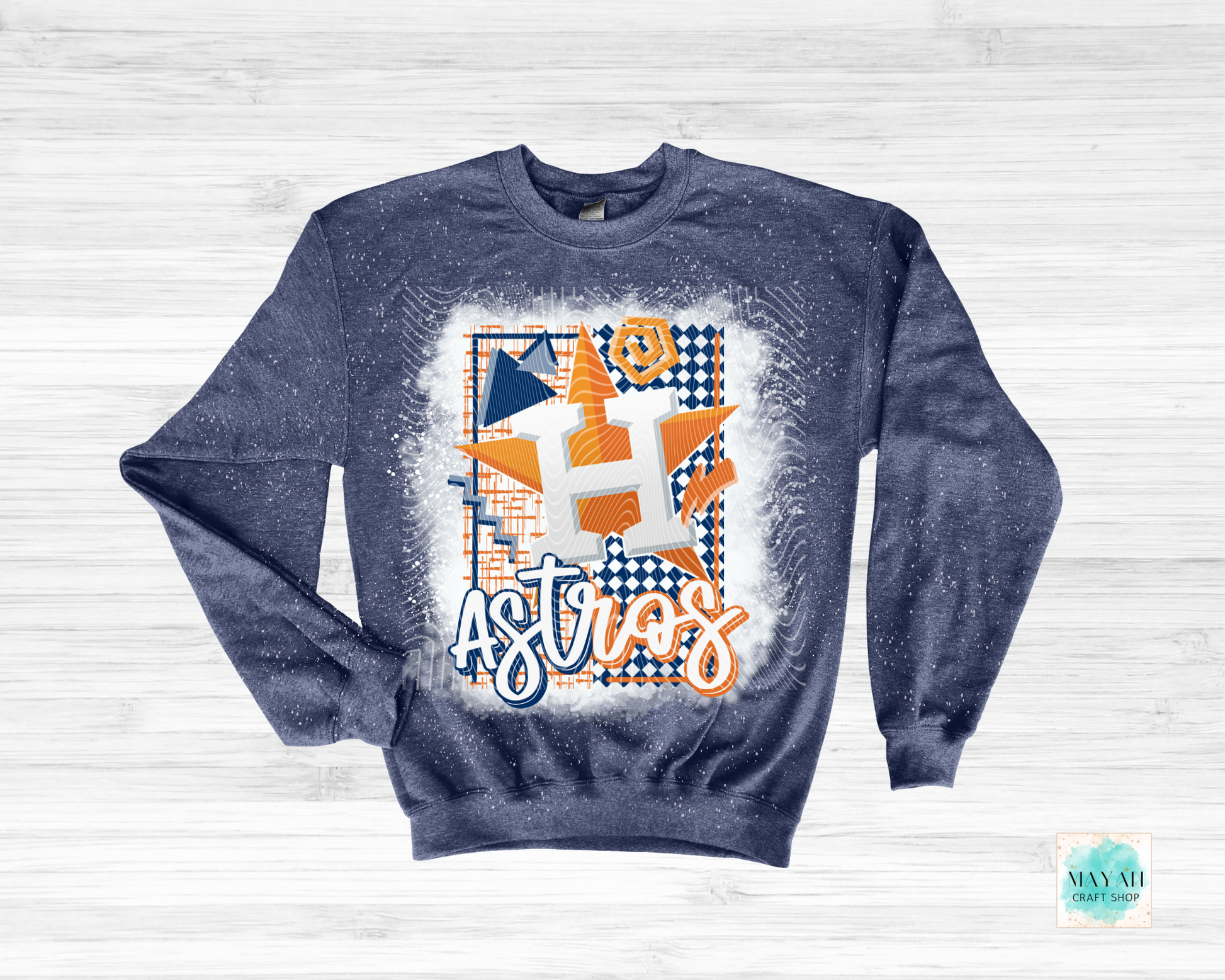 Navy blue sweatshirt with a baseball graphic design on a light gray background