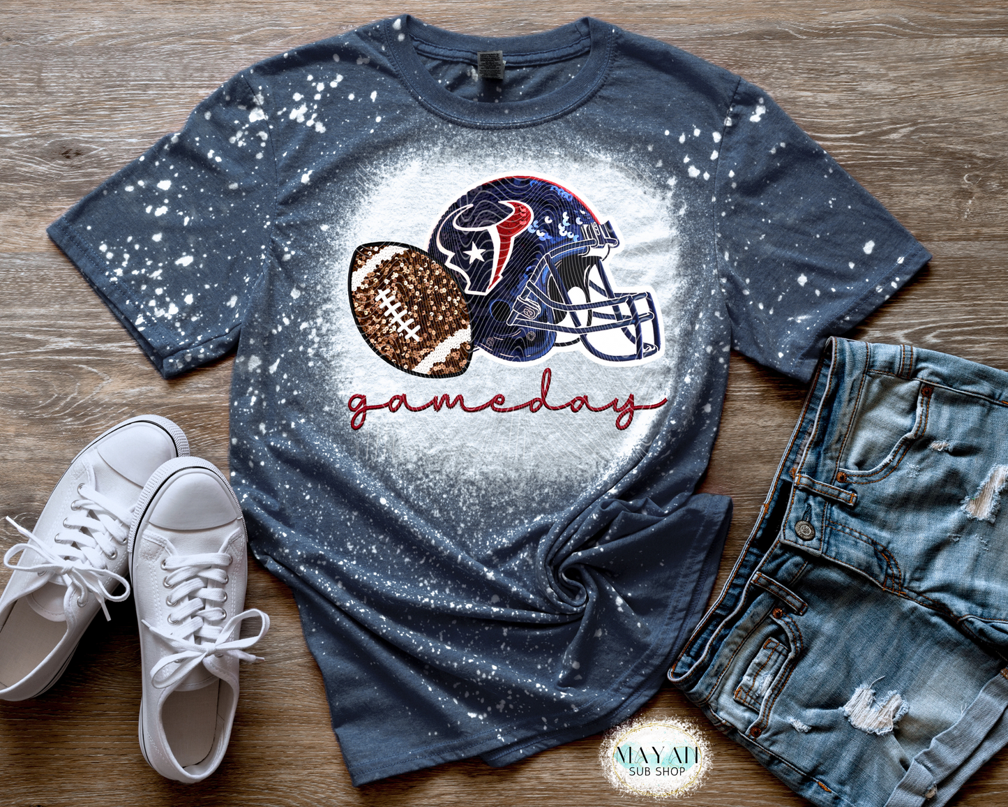 Houston football faux sequin heather navy bleached tee. -Mayan Sub Shop