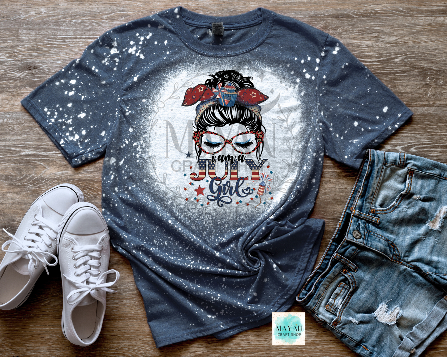 July girl patriotic heather navy bleached shirt.