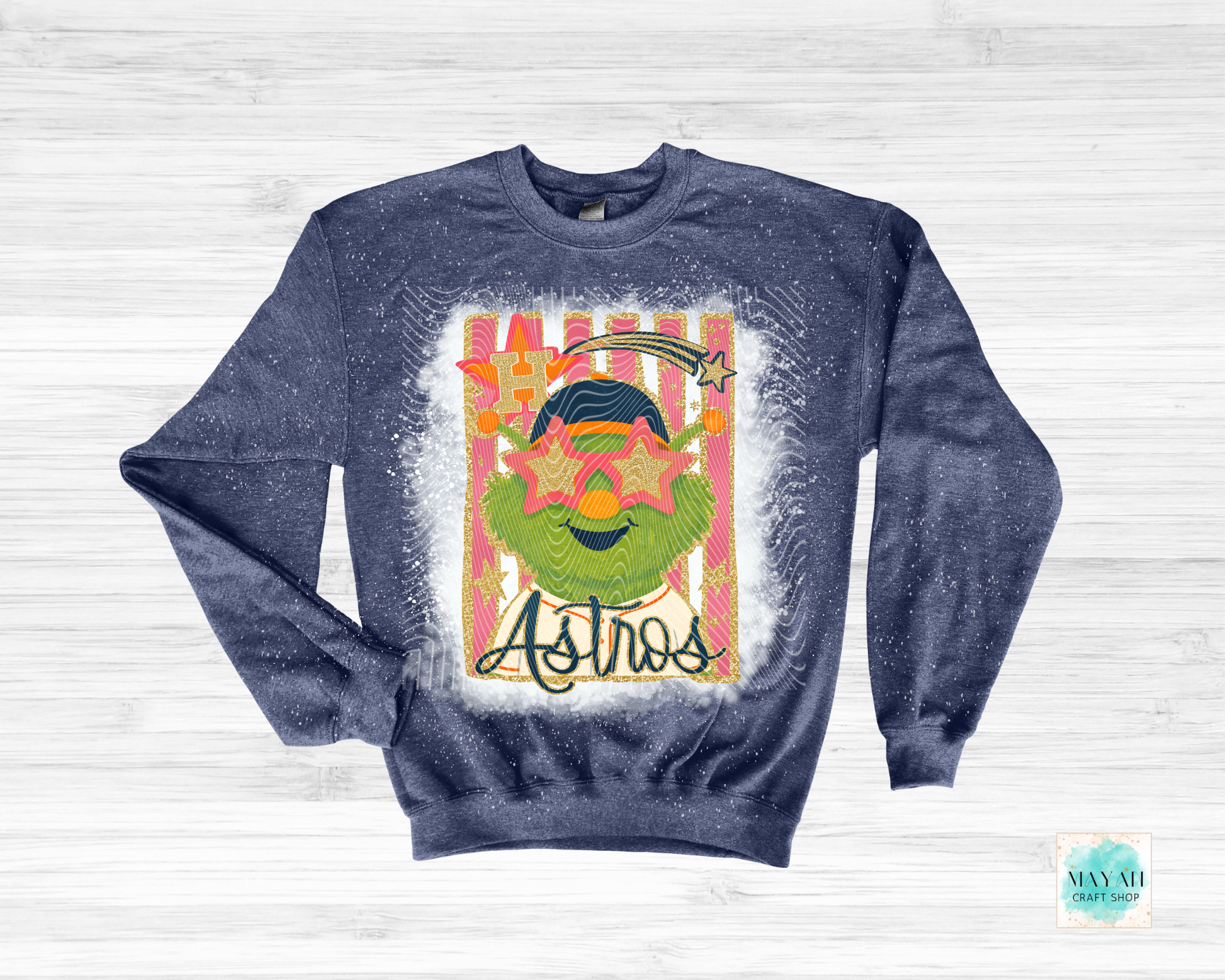 Navy blue sweatshirt with colorful graphic design on a light gray background