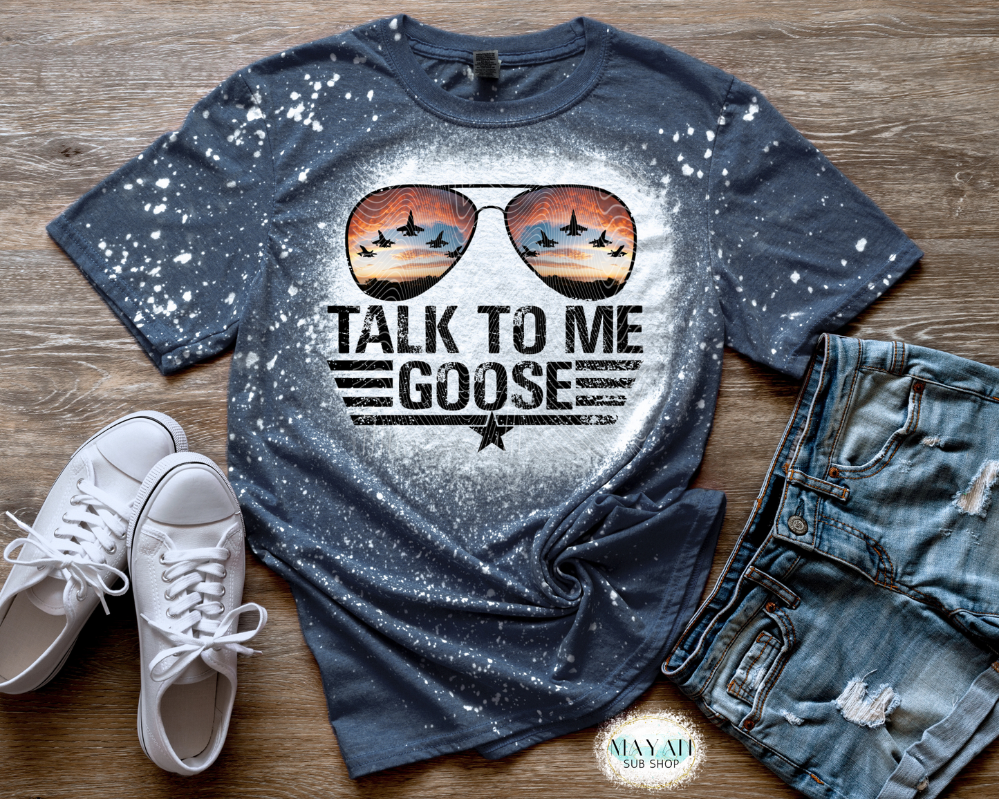 Talk To Me Goose Fighter Jet Glasses Bleached Tee