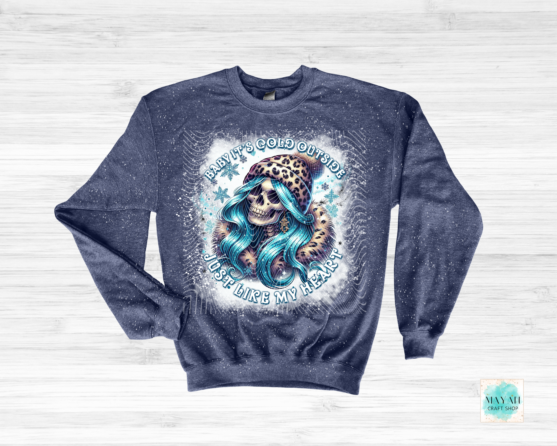 Navy blue sweatshirt with a graphic design featuring a skull, leopard, and text on a white background.