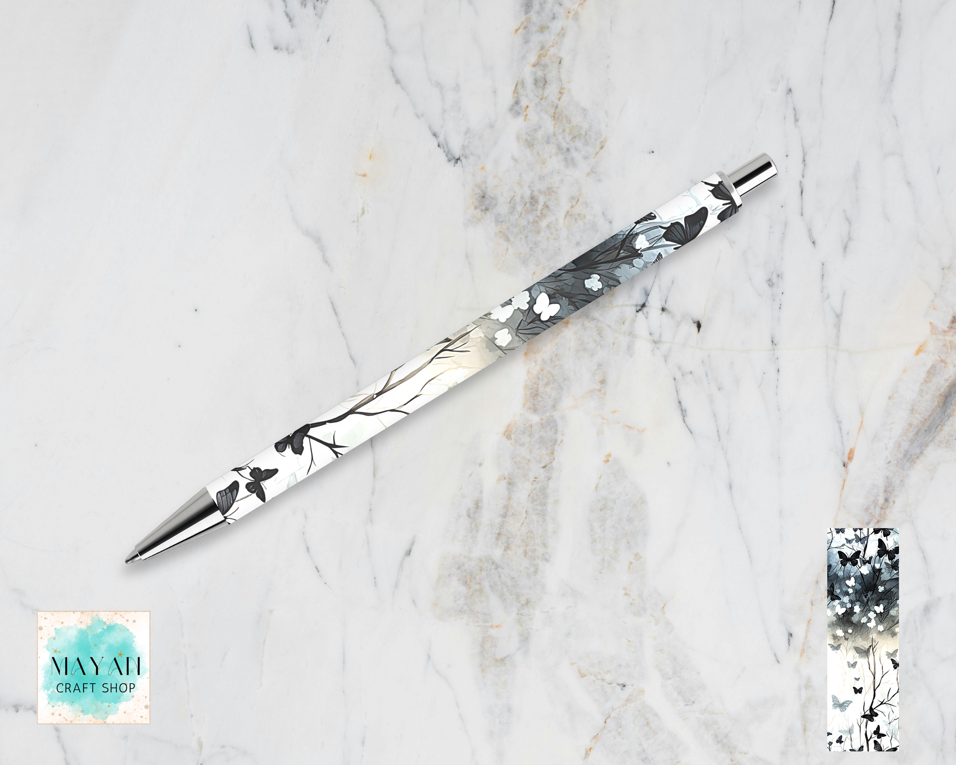 Navy butterflies pen.