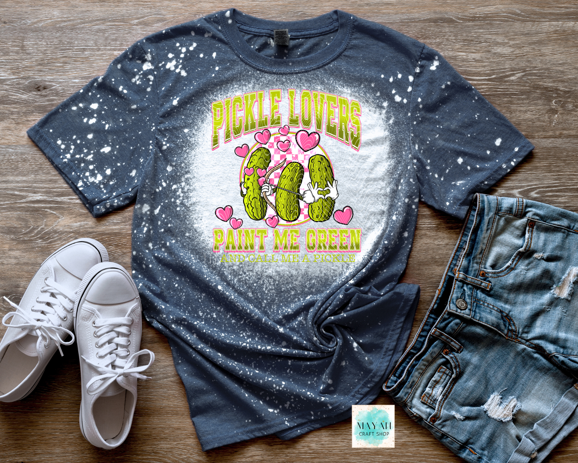 Pickle lovers bleached heather navy shirt. -Mayan Craft Shop