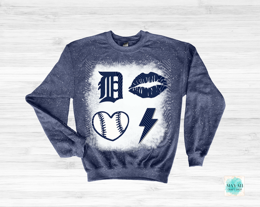 Blue sweatshirt with graphic designs on a white background