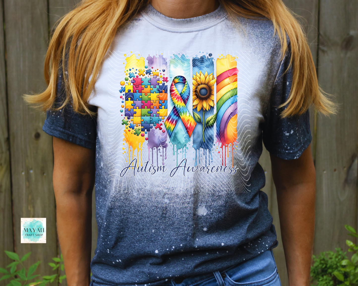 Autism awareness heather navy bleached tee. -Mayan Craft Shop