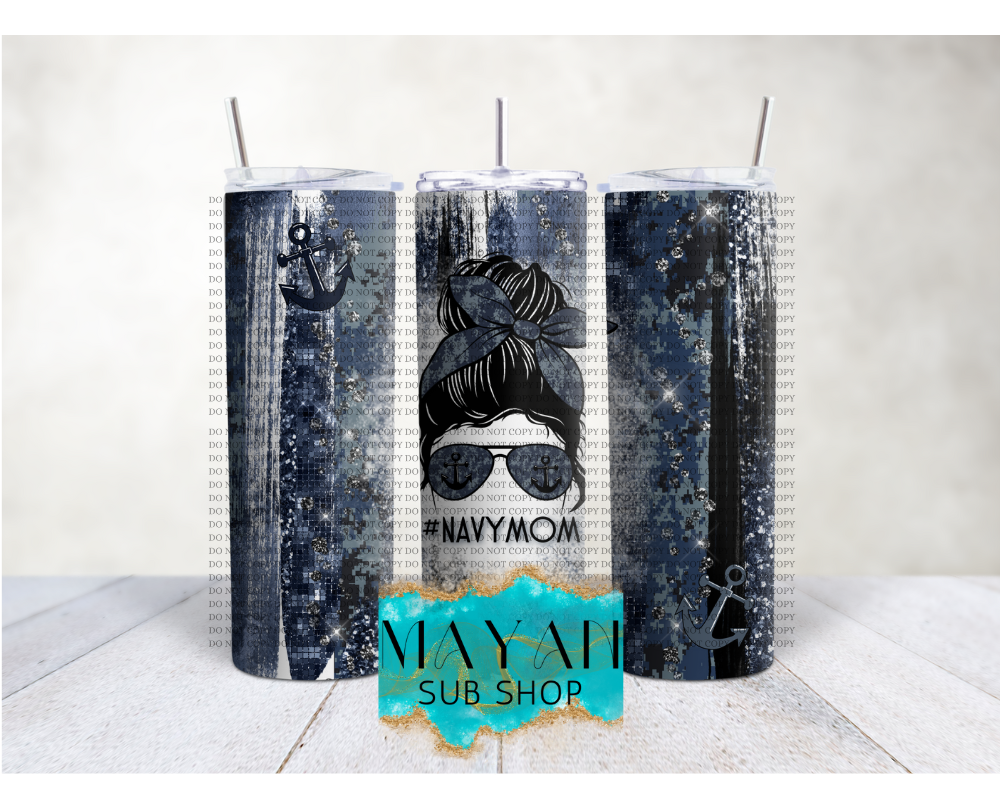 Navy mom 20 oz. skinny tumbler. -Mayan Sub Shop