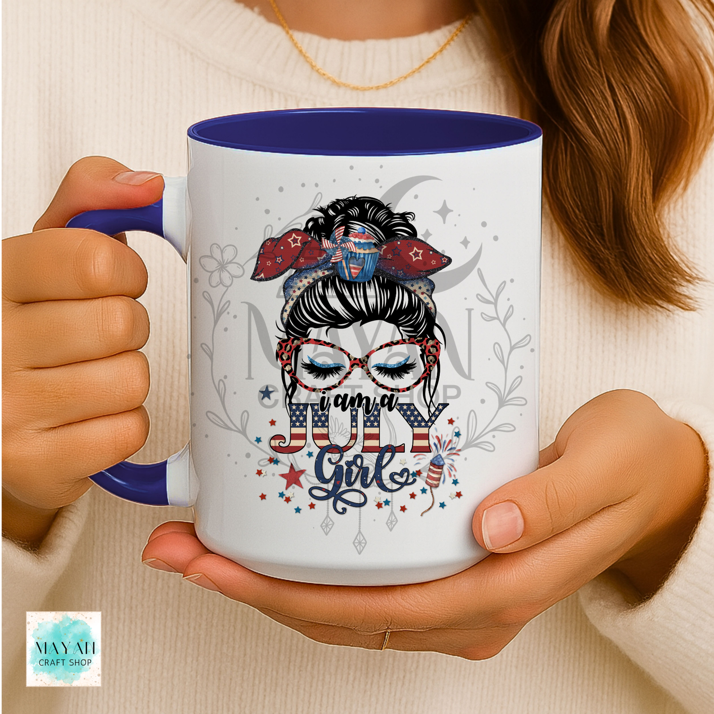 July girl patriotic navy mug.