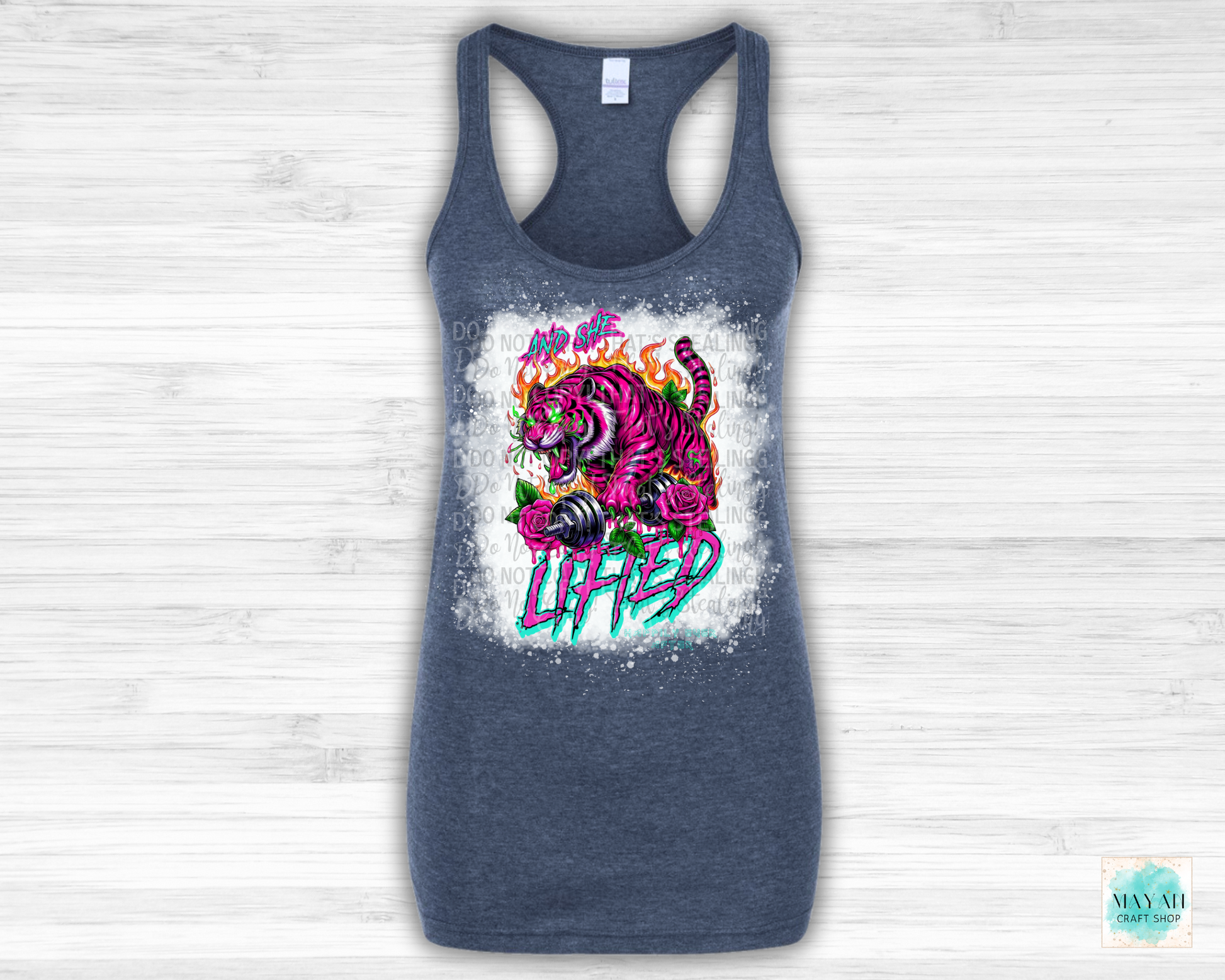 And she lifted heather navy bleached tank top. -Mayan Craft Shop