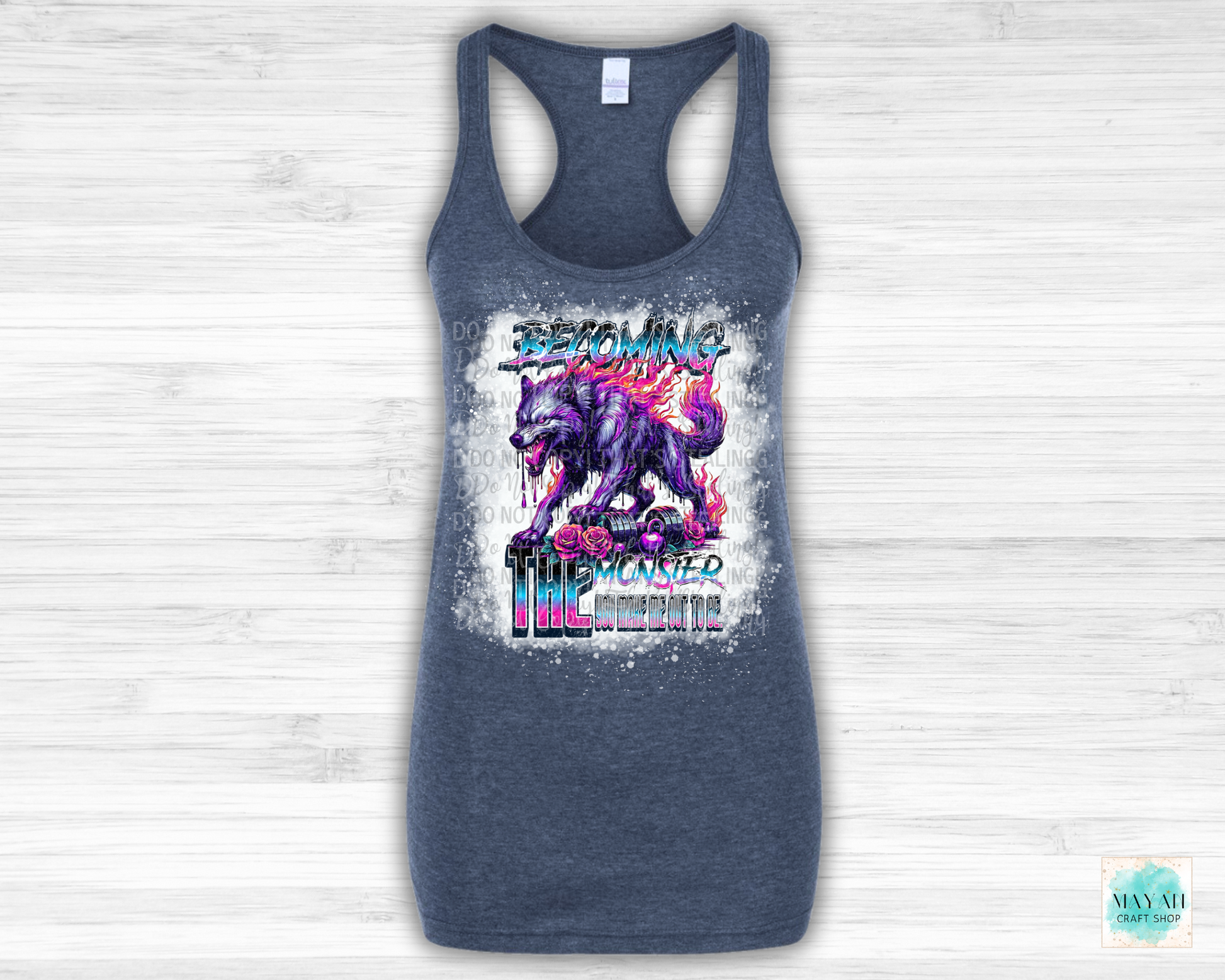 Becoming the monster heather navy bleached tank top. -Mayan Craft Shop