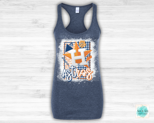 Blue tank top with a graphic design featuring a horse and text on a white background