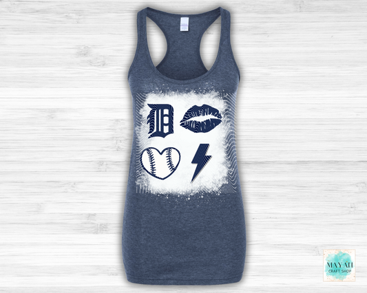 Blue tank top with graphic designs on a white background