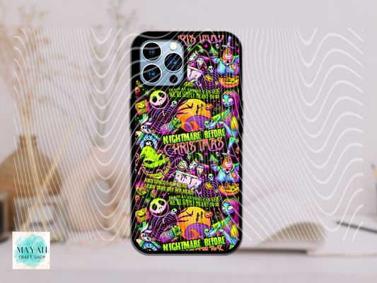 Phone case with colorful design featuring characters and text, placed on a light surface.