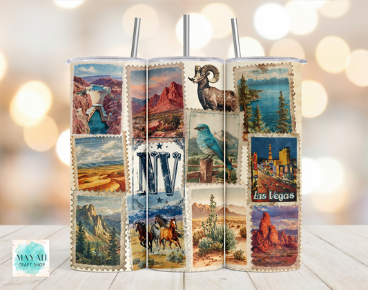 Tumbler with vintage-style Las Vegas scenes.