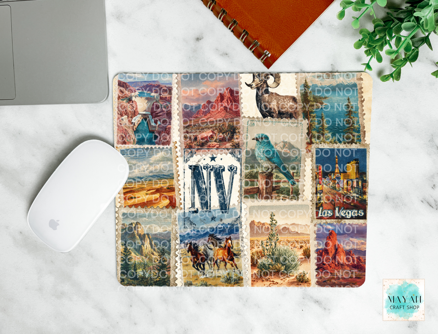 Collage of postcards with scenic and travel-themed designs on a marble surface.