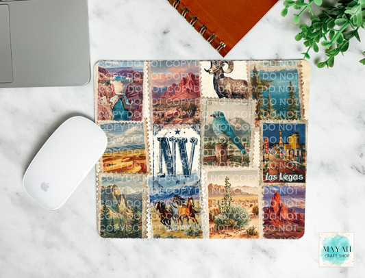 Collage of postcards with scenic and travel-themed designs on a marble surface.
