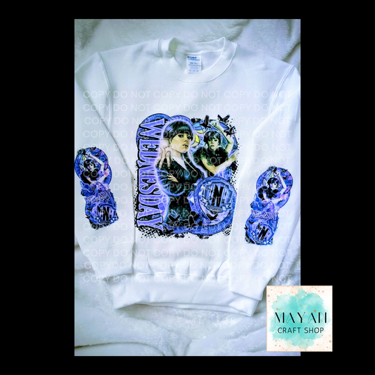 White sweatshirt with blue and black graphic design on a white background