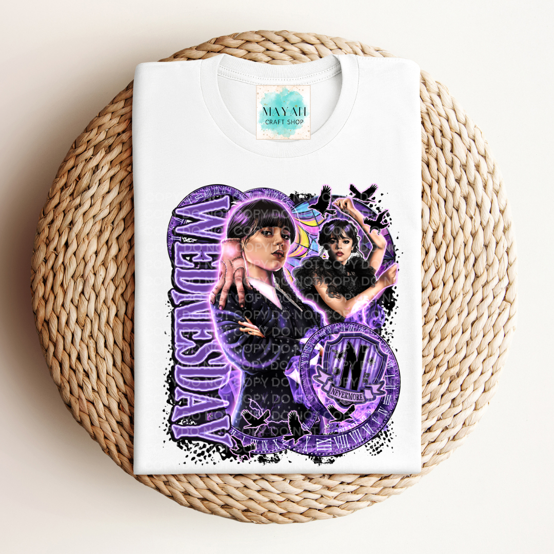 White t-shirt with graphic design on a woven mat