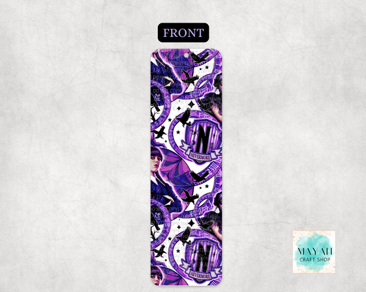 Purple patterned bookmark on a gray background.