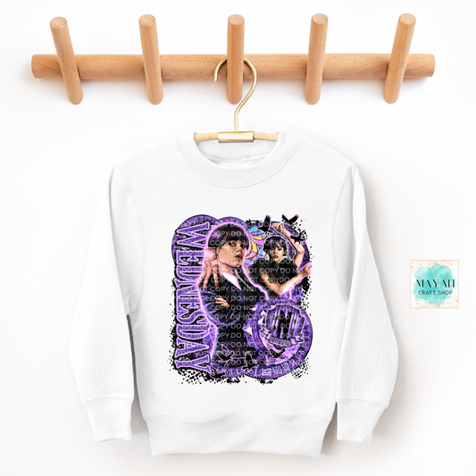 White sweatshirt with a purple graphic design on a wooden hanger against a white background